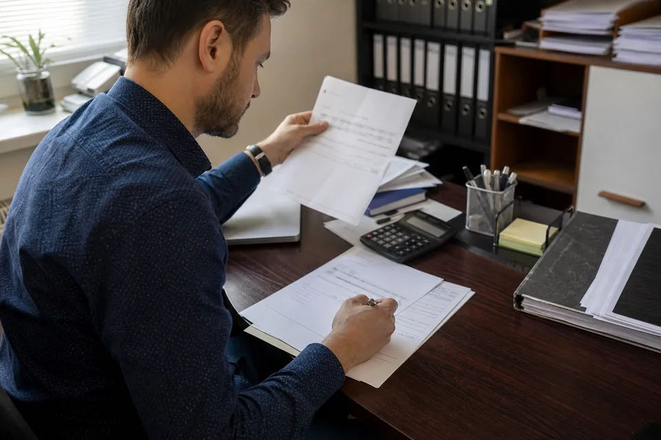 Księgowa w biurze rachunkowym porównuje numer konta z faktury z wydrukiem przed przelewem